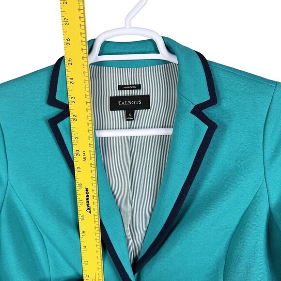 Talbots Aberdeen Womens 10 Teal Blazer Navy Trim Gold Crest Buttons Yacht Jacket - Picture 13 of 16